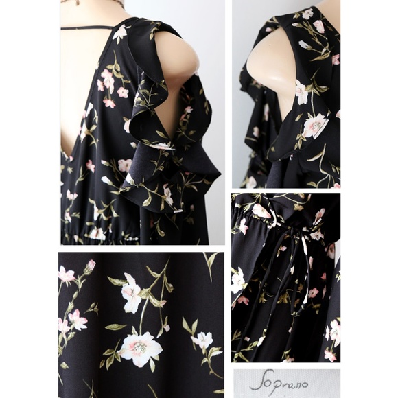 Last☝️ Floral Cold Ruffle Shoulder Wrap Midi Dress - Picture 4 of 8